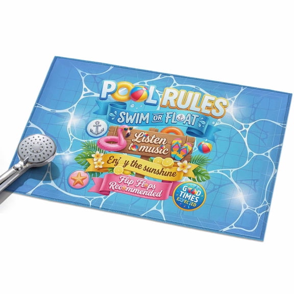 Pool Rules 2x3ft Non Slip Area Rug Swim Ring Ball Slippers Floral Blue Swimming Pool Washable Soft Area Rugs for Living Room, Indoor Circle Carpet for Bedroom Dining Room Kitchen