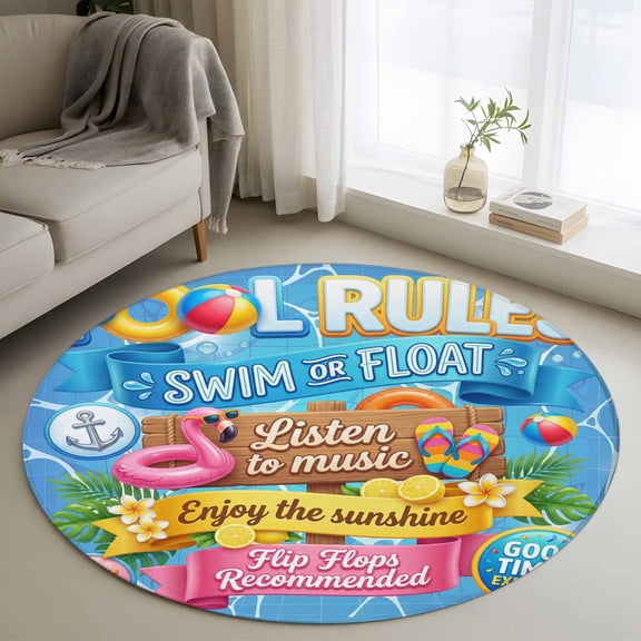Pool Rules 3FT Round Area Rugs Swim Ring Ball Slippers Floral Blue Swimming Pool Soft Small Round Rug Non-Slip, Ultra-Thin Indoor Circle Carpet for Bedroom Entryway Kitchen Bathroom