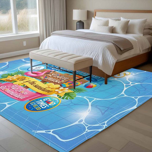 Pool Rules 6x9 Rug for Dining Room Table and Chair Setup, Swim Ring Ball Slippers Floral Blue Swimming Pool Low Pile Washable Non Slip Rectangle Area Rug