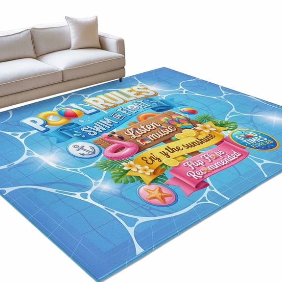 Pool Rules 6x9ft Non Slip Area Rug Swim Ring Ball Slippers Floral Blue Swimming Pool Washable Soft Area Rugs for Living Room, Indoor Circle Carpet for Bedroom Dining Room Kitchen