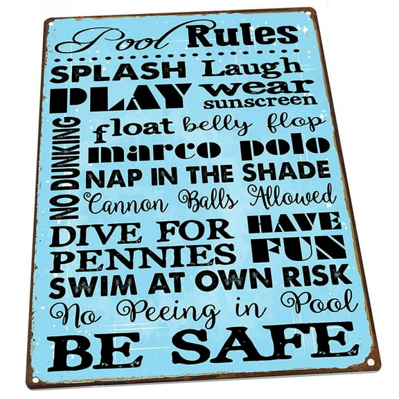Pool Rules 9"x12" Metal Sign, Wall Decor for Porch, Patio, or Deck