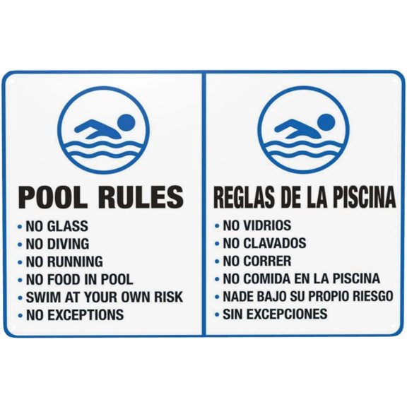 Pool Rules Bilingual English Spanish Aluminum Sign, Vintage Funny Warning Plaque for Pool Areas, Dual-Language Pool Safety Sign, 8x12 Inch