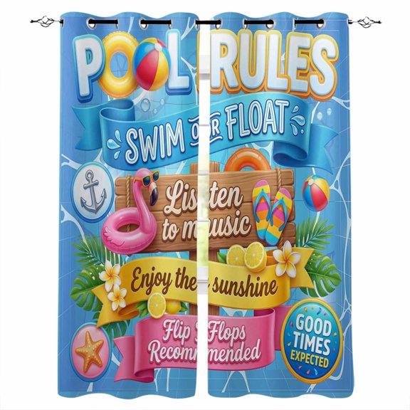 Pool Rules Blackout Curtains 45 Inch Length Swim Ring Ball Slippers Floral Blue Swimming Pool Thermal Insulated Window Curtain Window Drapes 2 Panels for Bedroom Living Room 52"Wx45"L