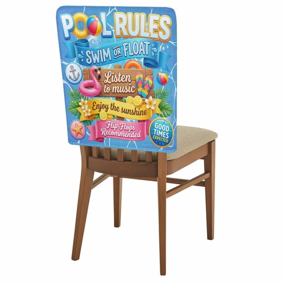 Pool Rules Chair Covers Set of 8 Swim Ring Ball Slippers Floral Blue Swimming Pool Chair Back Covers Stretch Removable Washable Slipcovers Protector for Dining Room Kitchen Party Decor