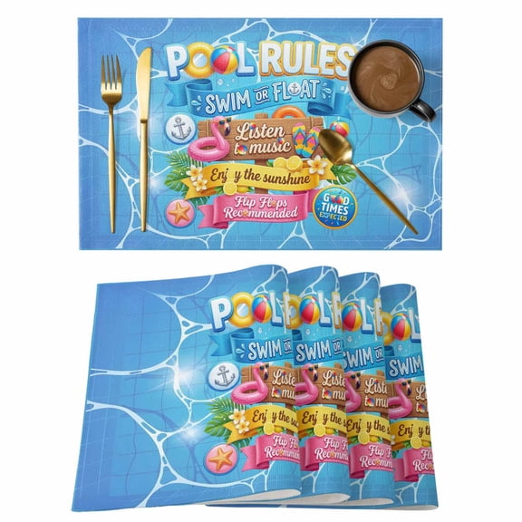 Pool Rules Cotton Linen Placemats Set of 8, Swim Ring Ball Slippers Floral Blue Swimming Pool Washable Table Place Mats Heat Insulating Placemat for Dining Room Kitchen Daily Use 13 x 19 Inch