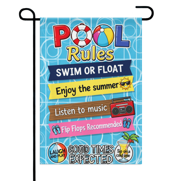 Pool Rules Float Themed Garden Flag 12×18in Double Sided, Waterproof Polyester, Casual Summer Party Decor for Backyard Pool and Patio Area