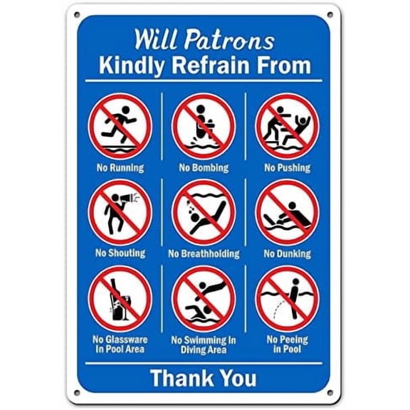 Pool Rules Garden Flag Tin Sign Will Patrons Kindly Refrain from Swimming Warning Metal Sign Indoor Outdoor Decor Pool Sign 12x8 Inch