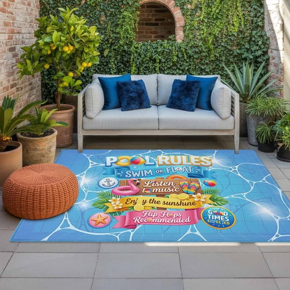 Pool Rules Indoor Outdoor Rugs 5x7 Ft, Swim Ring Ball Slippers Floral Blue Swimming Pool Outdoor Patio Rugs Mat Washable Outside Area Rugs Carpet for Porch Deck RV Camping Pool Balcony Backyard