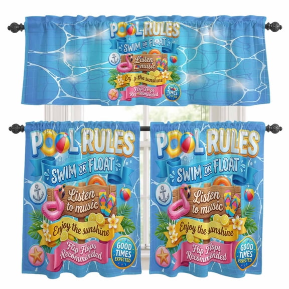 Pool Rules Kitchen Curtains Valances and Tiers Set of 3 Swim Ring Ball Slippers Floral Blue Swimming Pool Tier Curtains and Valance with Rod Pocket for Small Windows, 27.5"x36"