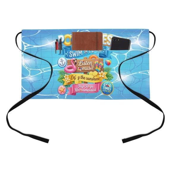 Pool Rules Kitchen Restaurant Half Waist Apron, Swim Ring Ball Slippers Floral Blue Swimming Pool Server Short Apron with 3 Pockets Waterproof Oil Waist Aprons for Women Waitress Waiter