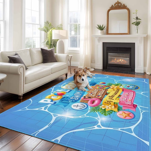 Pool Rules Large Area Rugs 5x8 ft Swim Ring Ball Slippers Floral Blue Swimming Pool Washable Rug Non Slip Indoor Carpet Absorbent Floor Mat for Living Room Bedroom Dining Room