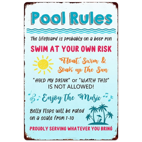 Pool Rules Metal Sign Aluminum Sign Vintage Pool Patio Wall Decoration Swim At Your Own Risk Swimming Pool Sign Outdoor & Indoor 12" x 8" Gradient Light Blue