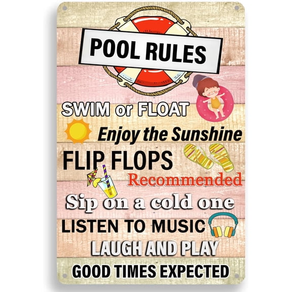 Pool Rules Metal Sign,Swim or Float Enjoy The Sunshine Flip Flops Swimming Pool Signs for Home Swim Pool Party Outdoor Beach Water Park Decor 8 x 12 inch