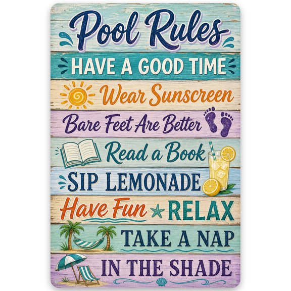 Pool Rules Metal Wall Sign 8x12 Inch - Rustic Vintage Style Decor for Indoor Outdoor Use - Easy Hanging Beach Theme with Sun and Palm Design - Perfect Iron Decoration for Patio or Backyard