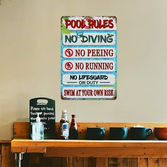"Pool Rules No Diving No Peeing No Running" 128in Metal Sign, Funny Vintage Poolside Decor, Backyard Swimming Wall Art