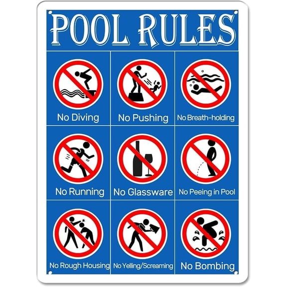 Pool Rules No Diving No Pushing No Running Metal Tin Sign 8"x12", Rustproof Aluminum Easy-Mount, For Pool Pond Lake Indoor Outdoor Water Safety