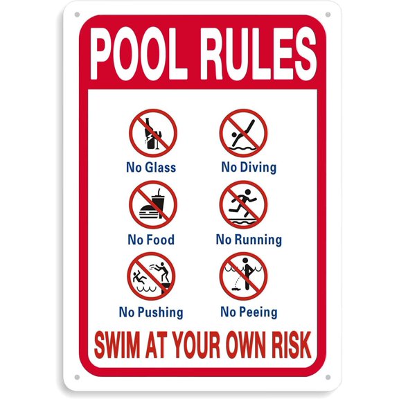 Pool Rules No Diving No Running No Food No Glass Swim At Your Own Risk Sign,Swimming Pools Decor 8"x12" Aluminum Sign