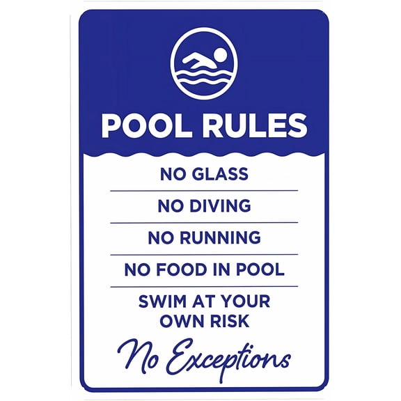 Pool Rules No Exceptions Warning Sign - 8"x12", Metal Security Decor for Home, Business, Yard, Garden, Office, Street, Road, Easy to Mount