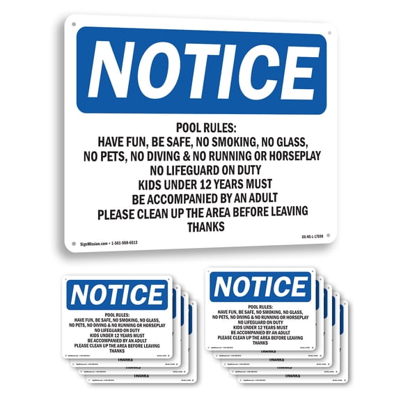 Pool Rules No Running No Rough Play No OSHA Notice Aluminum Sign 14 Inch x 10 Inch - 10 Pack