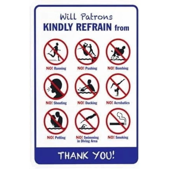 Pool Rules No Running Pushing Smoking Metal Sign, Pool Rules Security Warning Plaque for Garage Street, Poolside Conduct Safety Sign, 8x12 Inch