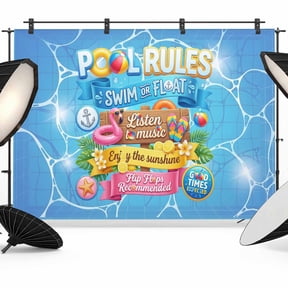 Pool Rules Photography Backdrop 7x5FT, Swim Ring Ball Slippers Floral Blue Swimming Pool Photo Backdrops, Background for Photography Studio Photo Studio Background, Back Drop for Photoshoot