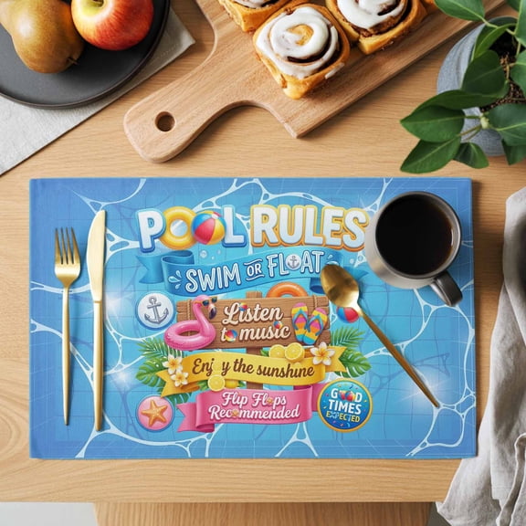 Pool Rules Placemats Set of 8, Swim Ring Ball Slippers Floral Blue Swimming Pool Heat Insulated Linen Place Mats, Washable Stain-Proof Table Mats for Dining Tables Holiday Decor 13x19 Inches