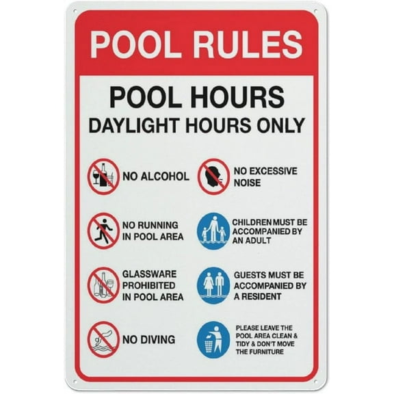 Pool Rules Pool Hours Daylight Hours Only Sign Aluminum Uv Ink Printed for House and Business,for garage,bar,restaurant,living room,bedroom,kitchen,cafe,bar,8X12Inch