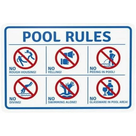Pool Rules No Rough Housing Yelling Peeing in Pool Diving Swimming Alone and Galssware Warning Sign, Security Metal Signs for Home Business Wall Safety Caution Custom Decor 12 x 8 Inch