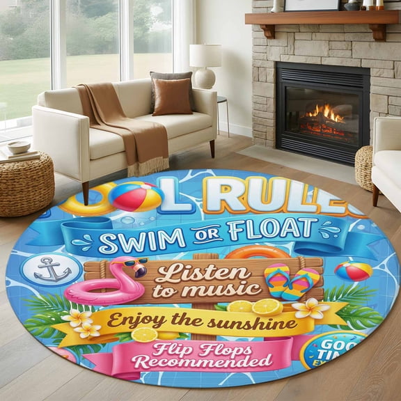 Pool Rules Round Living Room Rugs 8 ft, Swim Ring Ball Slippers Floral Blue Swimming Pool Washable Large Area Rug with Non-Slip Sturdy Edge Binding Round Carpet for Dining Room Kitchen Office