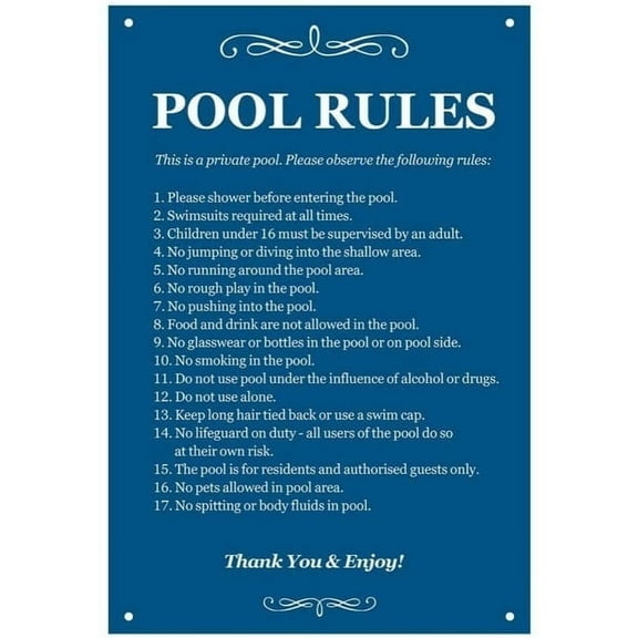 Pool Rules Safety Leisure Facility Holiday Metal Tin Sign Home Decor Art Poster Size: 8 x 12 Inches