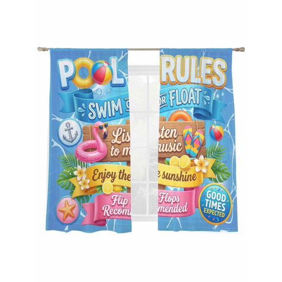 Pool Rules Sheer Curtains 2 Panels Set Swim Ring Ball Slippers Floral Blue Swimming Pool Sheer Window Curtains Light Filtering Rod Pocket Voile Drapes for Bedroom Living Room 52"x63"