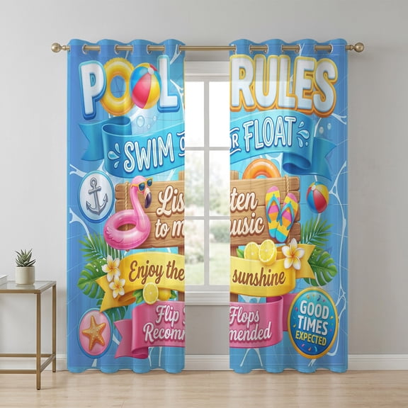 Pool Rules Sheer Curtains 96 Inch Long 2 Panels, Swim Ring Ball Slippers Floral Blue Swimming Pool Light Filtering Semi Sheer Drapes Grommet Voile Window Curtain for Living Bedroom W52 x L96