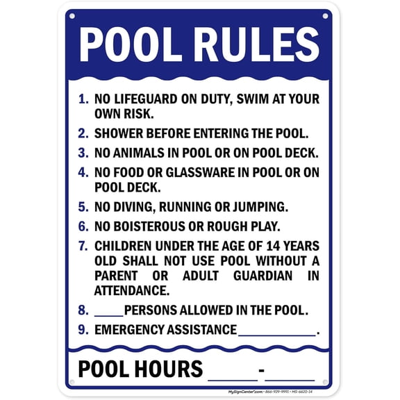 Pool Rules Sign, 10x14 Inches, 55 mil thick HDPE (high density polyethylene), Made in by