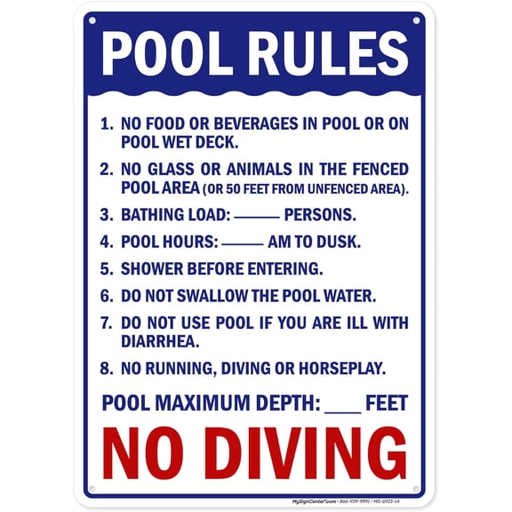 Pool Rules Sign, 10x14 Inches, 55 mil thick HDPE (high density polyethylene), Made in by