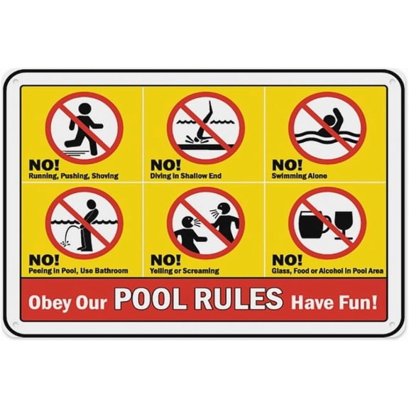Pool Rules Sign 8"x12", Aluminum Tin Warning Signs for Home Outdoor Garden, Weatherproof Safety Sign for Pool