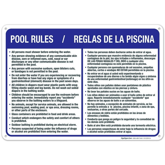 Pool Rules Sign, Bilingual English Spanish,