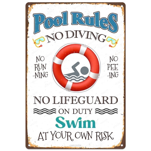 Pool Rules Metal Sign Decor No Diving Running Peeing Outdoor Decorations for Beach Home Bar Pool Deck Backyard 12X8 in Aluminium Hanging Plaque