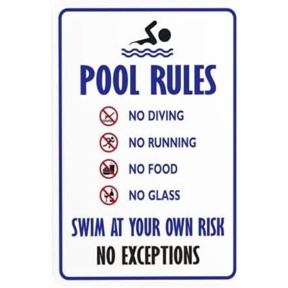 Pool Rules Sign, No Diving No Running No Food No Glass Warning Sign, Pool Rules Metal Signs for Business Home Outdoor Indoor Street Wall Caution Custom Decor 8 x 12 Inch