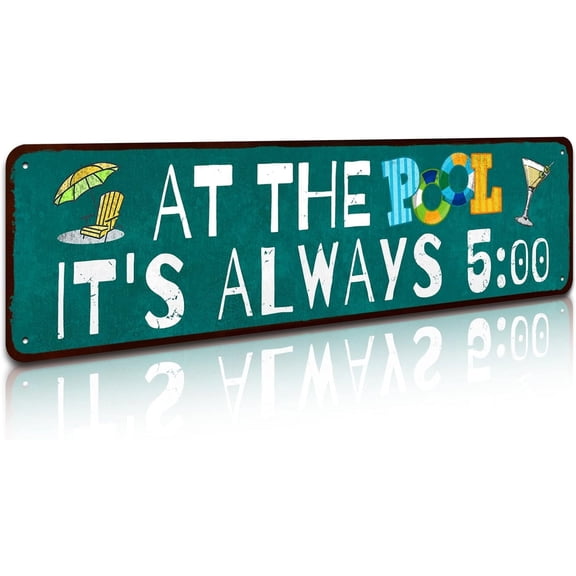 Pool Rules Sign, Indoor/Outdoor Swimming Pool Decorations, 4x16 Inches Aluminum Metal Sign - At The Pool It's Always 5:00
