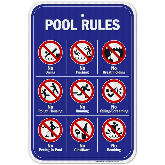 Pool Rules Sign, No Diving No Pushing No Running No Peeing in Pool