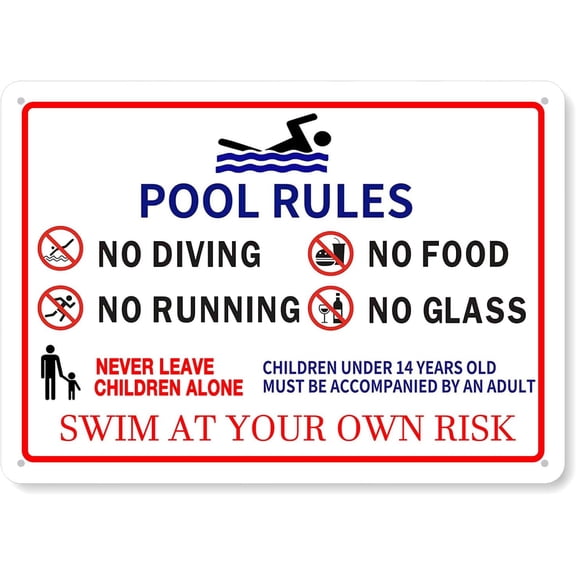 Pool Rules Sign - Swim At Your Own Risk, Pool Decorations Outdoor Pool Decor 8"x12" Aluminum Sign