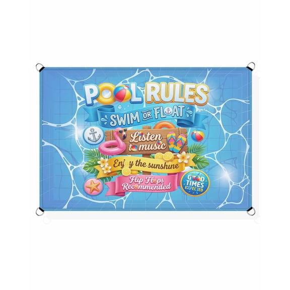 Pool Rules Sun Shade Sail 14'X18' Swim Ring Ball Slippers Floral Blue Swimming Pool UV Block Outdoor Sail Shades Breathable Waterproof Rectangular Sunshade for Patio Garden Pool Pergola Porch