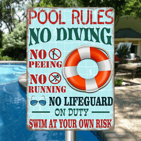 Pool Rules Swim At Your Own Risk Wall Art, Funny Swimming Pool Signs, Summer Backyard Decor, Size 8x12