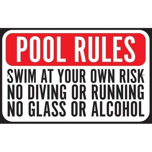 Pool Rules Swim At Your Own Risk No Diving Running Metal Aluminum Sign, Rustic Workshop Decor for Pool Area Home Business, Comprehensive Pool Sign, 8x12 Inch