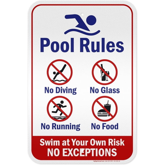 Pool Rules Swim at Your Own No Expections Sign, 12x18 Inches, EGP Reflective, Rust .063 Aluminum, Fade , Made in by