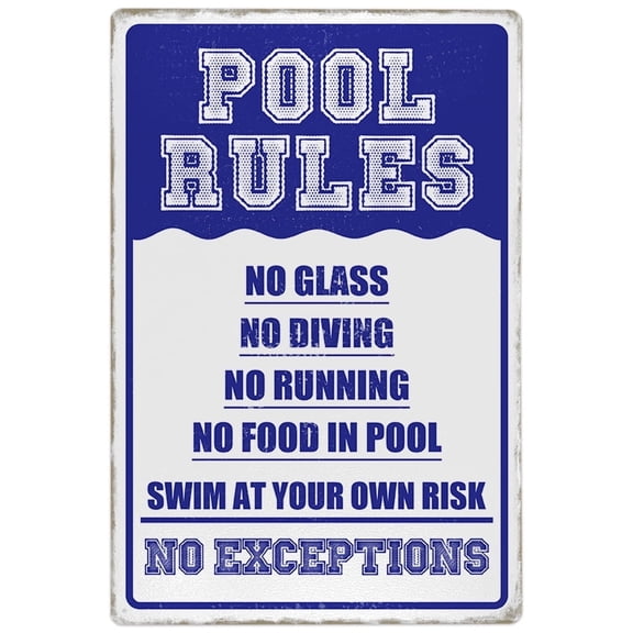 Pool Rules Tin Sign Swim at Your Own Risk Swimming Pool Safety Warning Signs Vintage Metal Signs Decor for Outdoor Use 12x8 In Durable Hanging Plaque