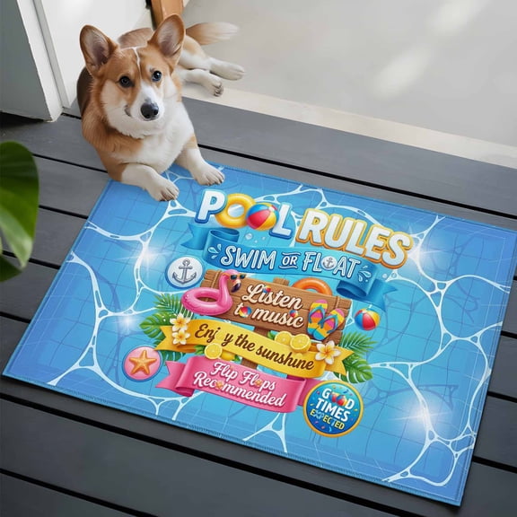 Pool Rules Washable Entry Rug 2x3 Swim Ring Ball Slippers Floral Blue Swimming Pool Low Pile Indoor Door Mat with Rubber Backing Thin Area Rug for for Entrance, Bedroom, Kitchen, Laundry, Bathroom