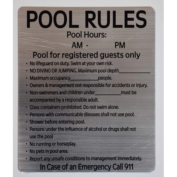 Pool Rules and Pool Hours Sign (Silver, Rust Free Aluminium 10x12, with Symbol)