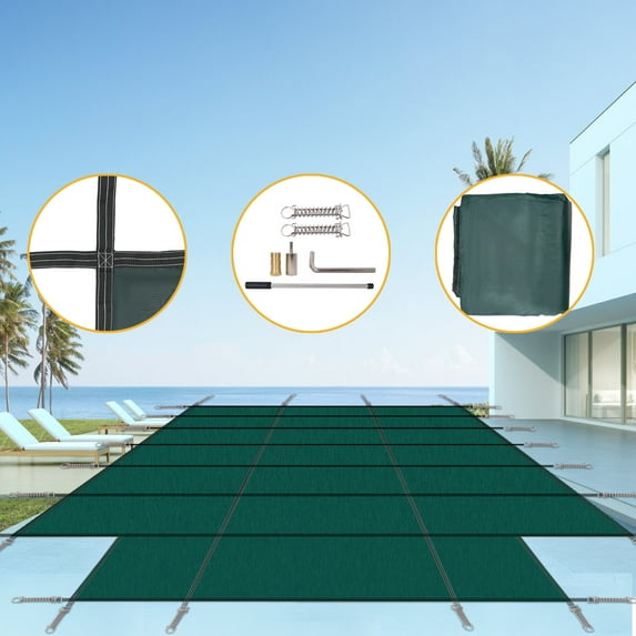 Pool Safety Cover for 16x32ft Rectangular Inground Winter Pool with 4x8ft Center Step - Triple-Stitched High-Strength Polypropylene Mesh, Rain Permeable, Child/Pet Safety, Full Installation Kit, Green
