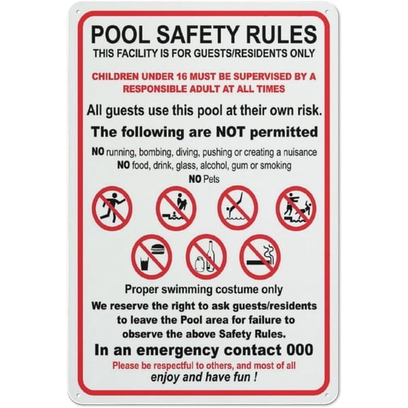 Pool Safety Rules Sign 8"x12" Metal Aluminum Signs, Weather Resistant, Weatherproof, Indoor Or Outdoor